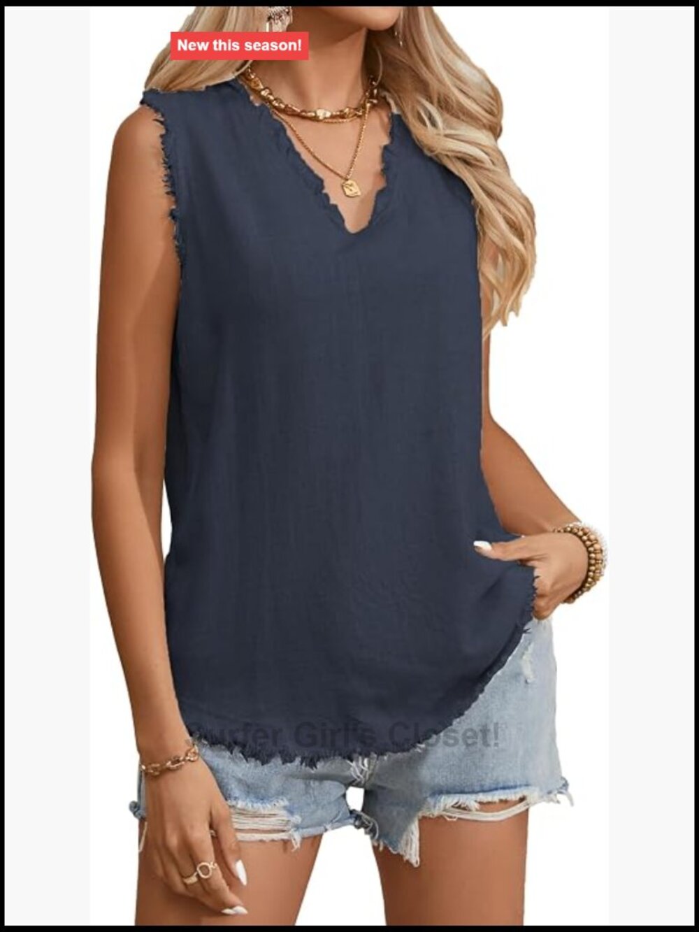 Womens Sleeveless Linen Tank Top Ruffled V Neck Raw Edge Hem Summer Camisole